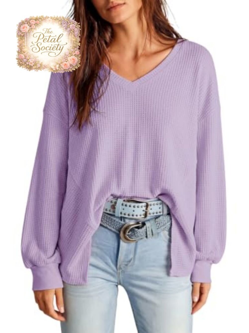 Waffle Knit Oversized V-Neck Pullover Sweatshirt Long Sleeve Top